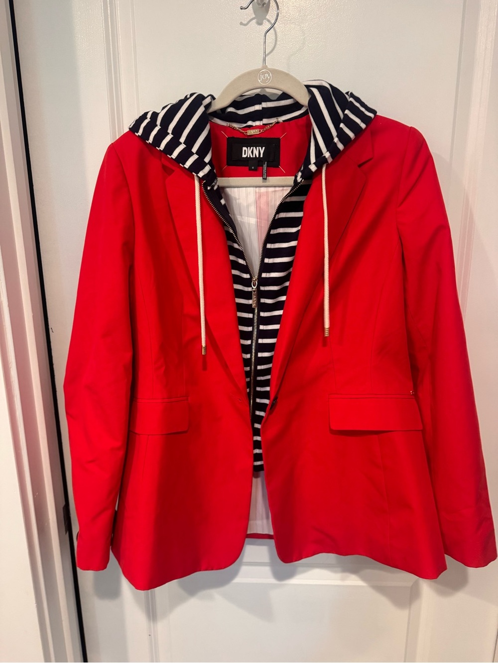 DKNY Red Blazer with Navy-and-White Striped Hood